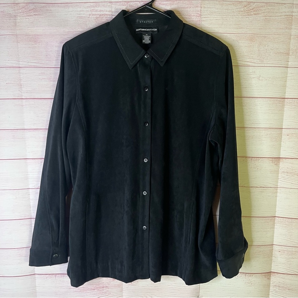 Norton McNaughton Stretch Black Faux Suede Button Down Long Sleeve Shirt Size 14